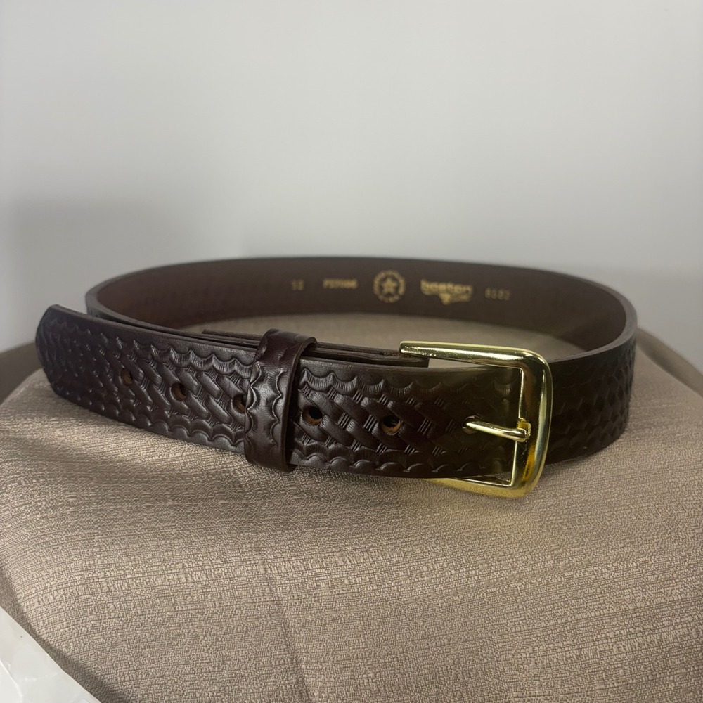 Boston Leather Basketweave Belt Mens 32 Brown Like New Workwear